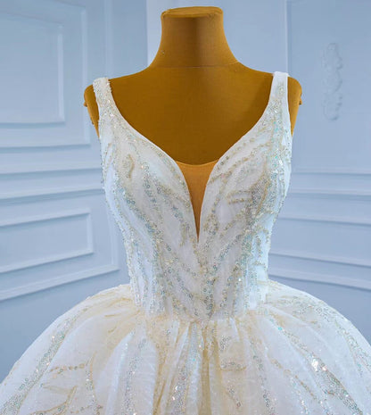 Sparkly Lace Wedding Dresses V-neck Beaded Ball Gown VW1892-wedding dresses 2025 -Viniodress-As Picture-Custom Size-