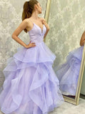 Sparkly Lavender Tiered Long Prom Dresses with Straps FD2649B