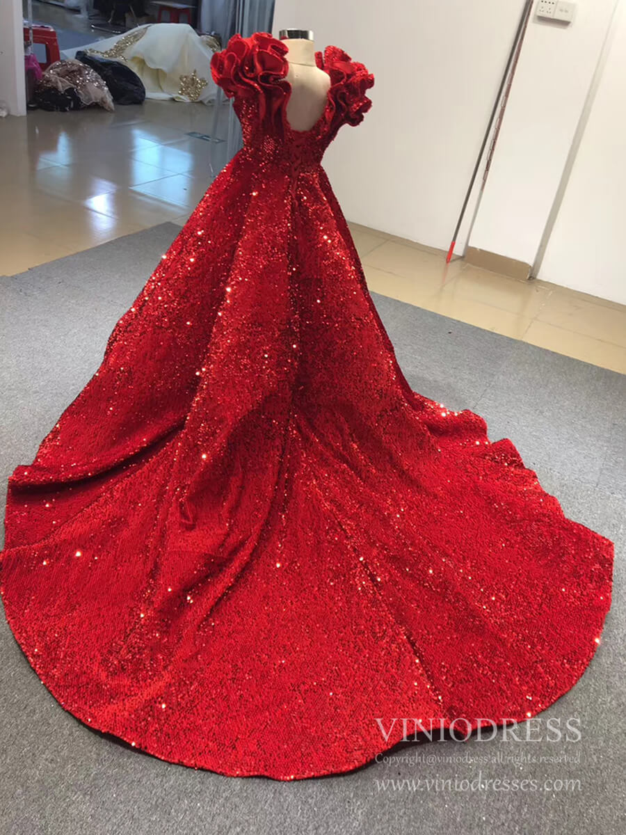 Sparkly Long Train Red Sequin Gowns for Little Girls FD1763C vini – Viniodress