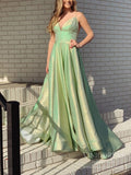 Sparkly Pastel Green Long Prom Dresses with Pockets FD2518