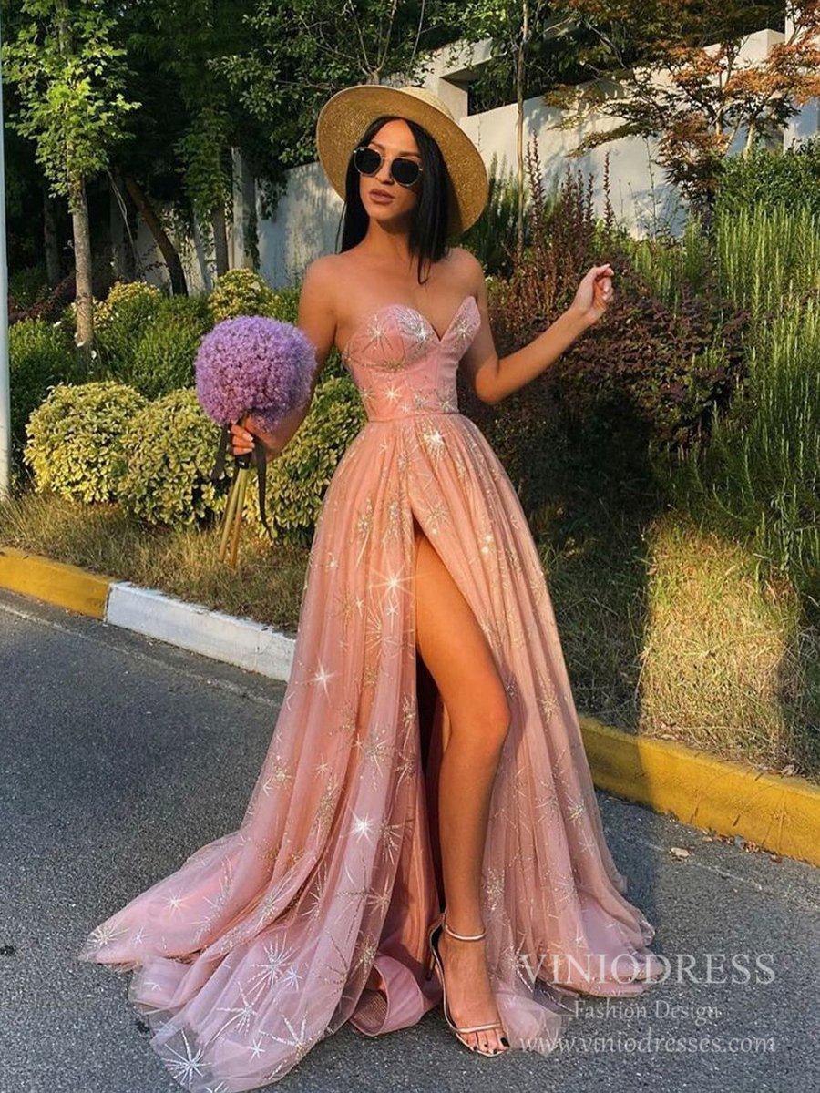 Sparkly Pink Long Prom Dresses Sweetheart Neck Formal Dress FD2538 - Pink /  Custom Size