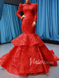 Sparkly Red Mermaid Lace Prom Dresses with Sleeves FD1192 viniodress