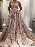 Sparkly Rose Gold Long Prom Dresses with Pockets FD1732