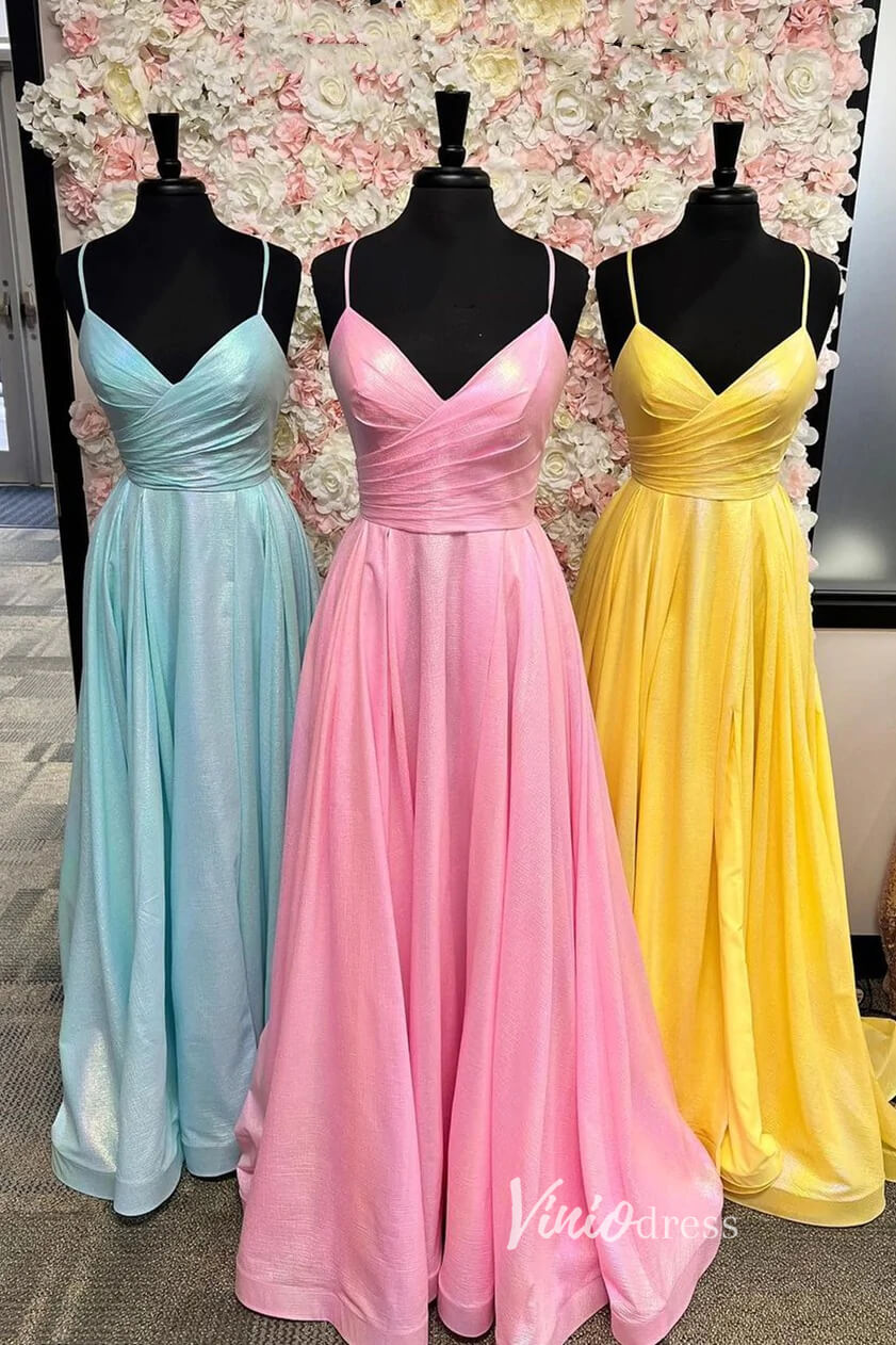 Sparkly Satin Prom Dresses Pleated Spaghetti Strap Evening Dress FD3372-prom dresses-Viniodress-Viniodress