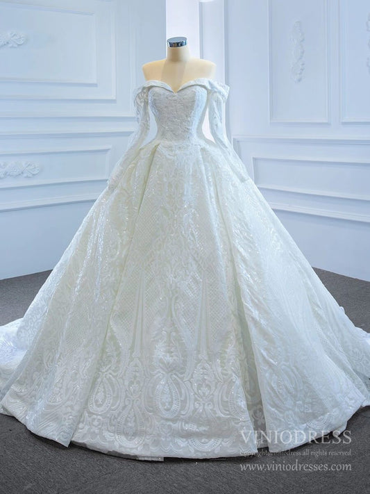 Sparkly Sequin Lace Wedding Dresses Off the Shoulder Long Sleeve Ball Gown VW1809-wedding dresses 2025 -Viniodress-As Picture-Custom Size-