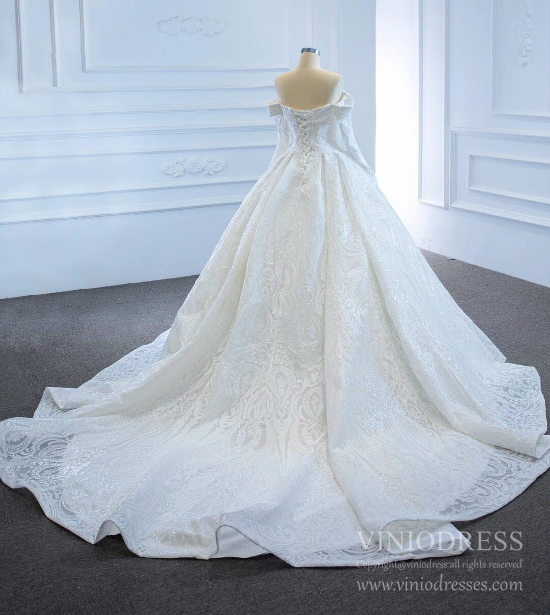 Sparkly Sequin Lace Wedding Dresses Off the Shoulder Long Sleeve Ball Gown VW1809-wedding dresses 2025 -Viniodress-As Picture-Custom Size-