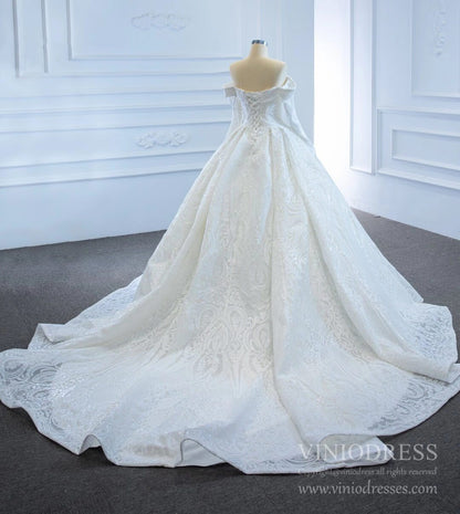 Sparkly Sequin Lace Wedding Dresses Off the Shoulder Long Sleeve Ball Gown VW1809-wedding dresses 2025 -Viniodress-As Picture-Custom Size-