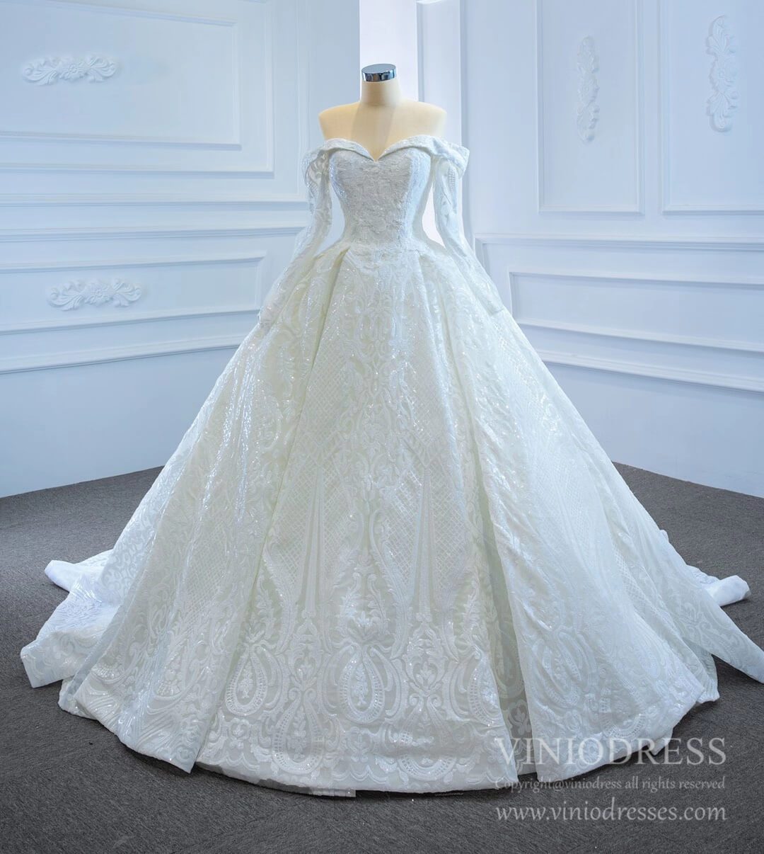 Sparkly Sequin Lace Wedding Dresses Off the Shoulder Long Sleeve Ball –  Viniodress