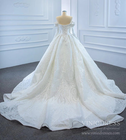 Sparkly Sequin Lace Wedding Dresses Off the Shoulder Long Sleeve Ball Gown VW1809-wedding dresses 2025 -Viniodress-As Picture-Custom Size-