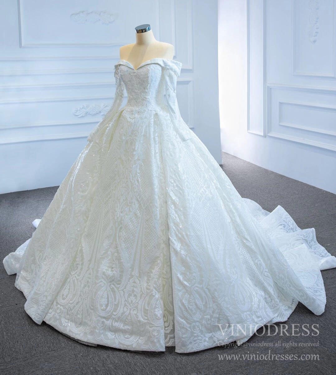 Sparkly Sequin Lace Wedding Dresses Off the Shoulder Long Sleeve Ball Gown VW1809-wedding dresses 2025 -Viniodress-As Picture-Custom Size-