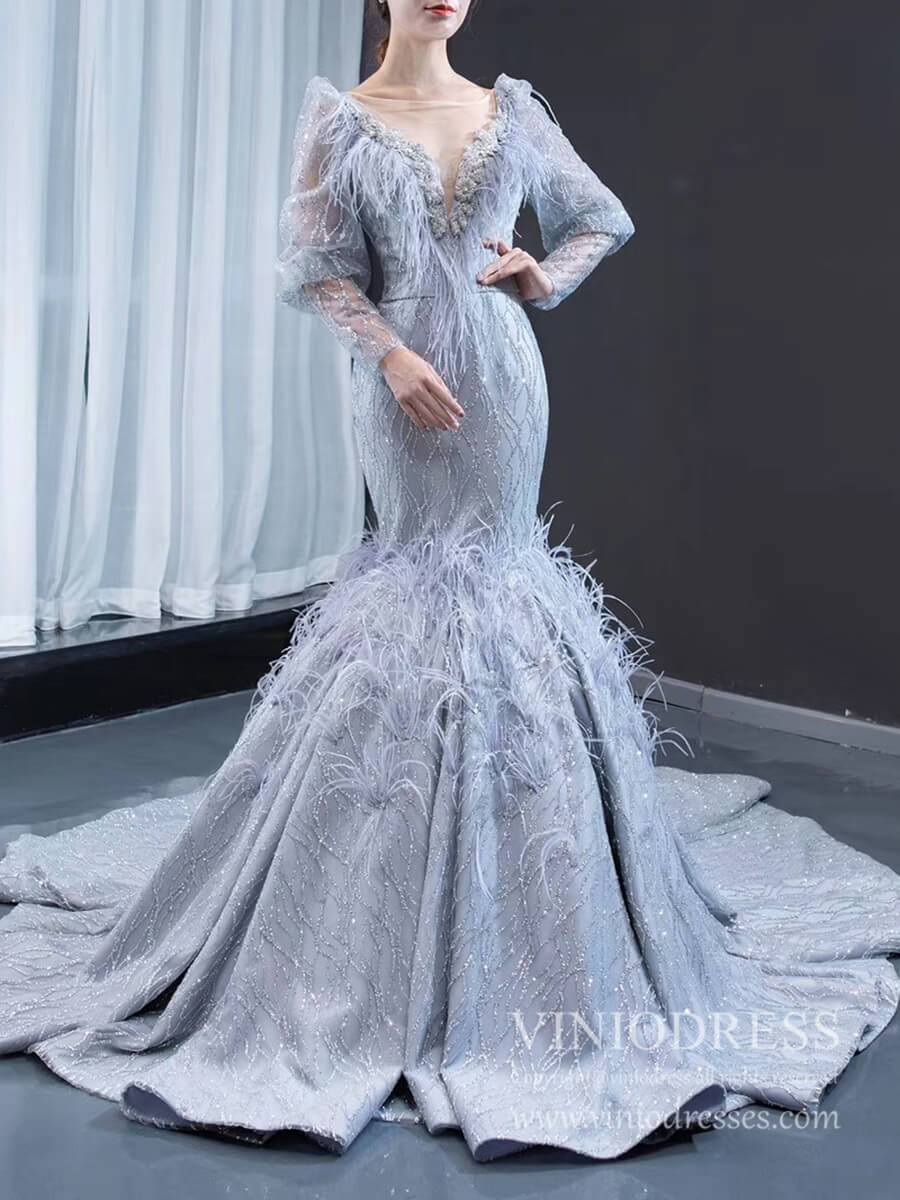 Sparkly Silver Mermaid Pageant Dresses with Long Sleeves FD1800 viniodress-prom dresses-Viniodress-Grey-Custom Size-Viniodress