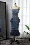Square Neck Beaded Blue Evening Dresses Dusty Blue Tea Length Feather Dress 20020