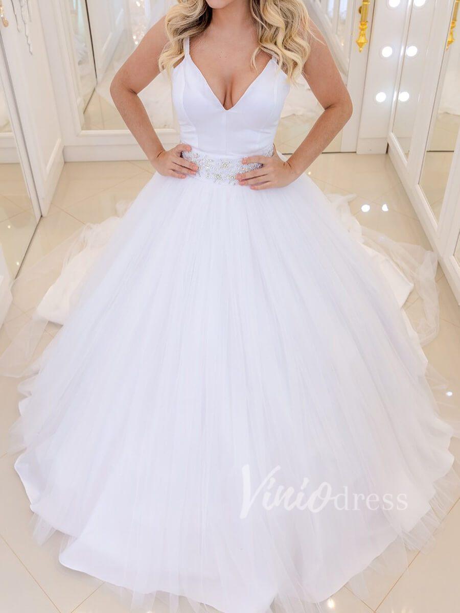 Stark White V Neck Wedding Dresses with Long Train VW1244-wedding dresses-Viniodress-Viniodress