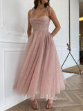 Starry Blush Pink Midi Prom Dress with Pockets FD2660