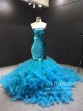 Strapless Aqua Blue Ruffle Mermaid Prom Dresses FD1956 viniodress