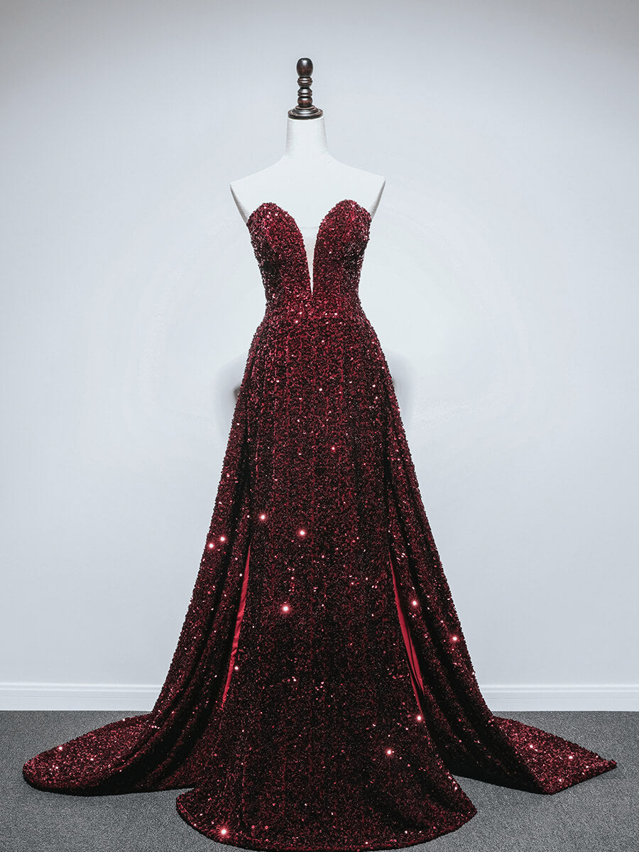 Strapless Colorful Sequin Prom Dresses with Detachable Train FD1615-prom dresses-Viniodress-Burgundy-Custom Size-Viniodress