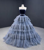 Strapless Dusty Blue Blue Quince Dress Tiered Ruffle Ball Gown Sweet 16 Dress 67119 viniodress-Quinceanera Dresses-Viniodress-Viniodress