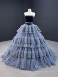 Strapless Dusty Blue Blue Quince Dress Tiered Ruffle Ball Gown Sweet 16 Dress 67119 viniodress