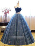 Strapless Floral Ball Gowns Blue Lace Prom Dresses FD1024 viniodress-prom dresses-Viniodress-Viniodress