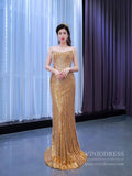 Strapless Gold Sheath Pearl Prom Dresses 2022 VINIODRESS 67373 viniodress
