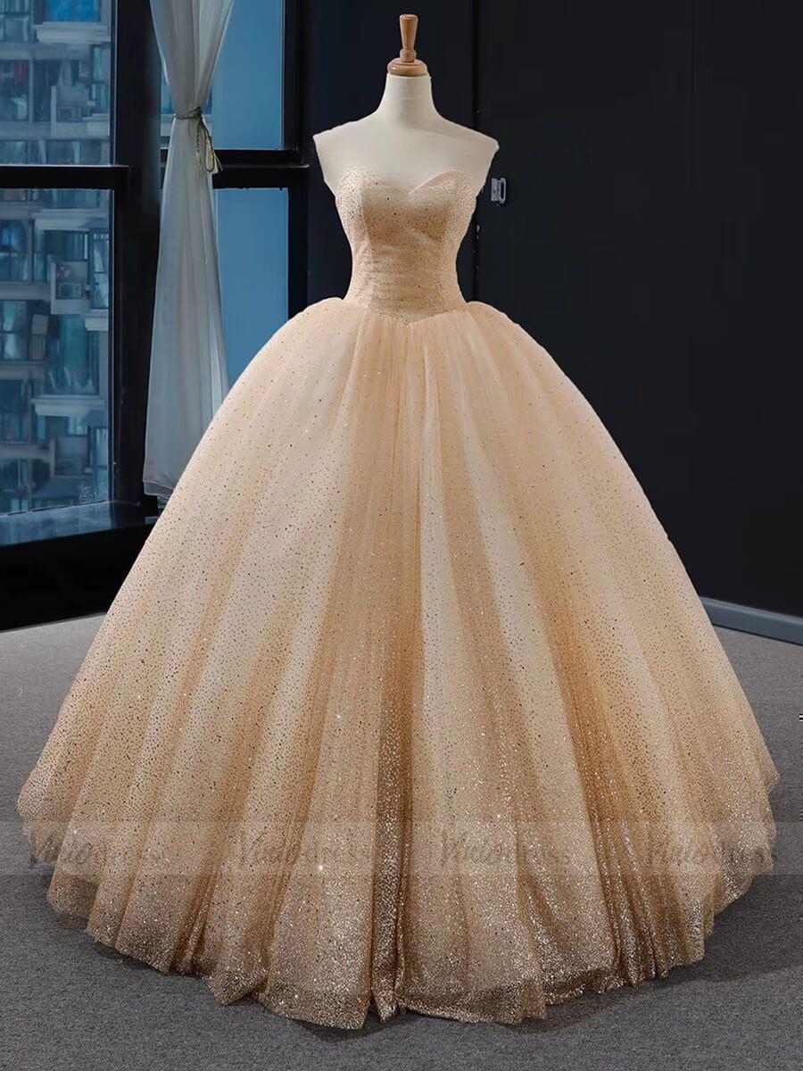 Strapless Gold Sparkly Ball Gown Princess Dresses FD1536 viniodress-prom dresses-Viniodress-Gold-Custom Size-Viniodress