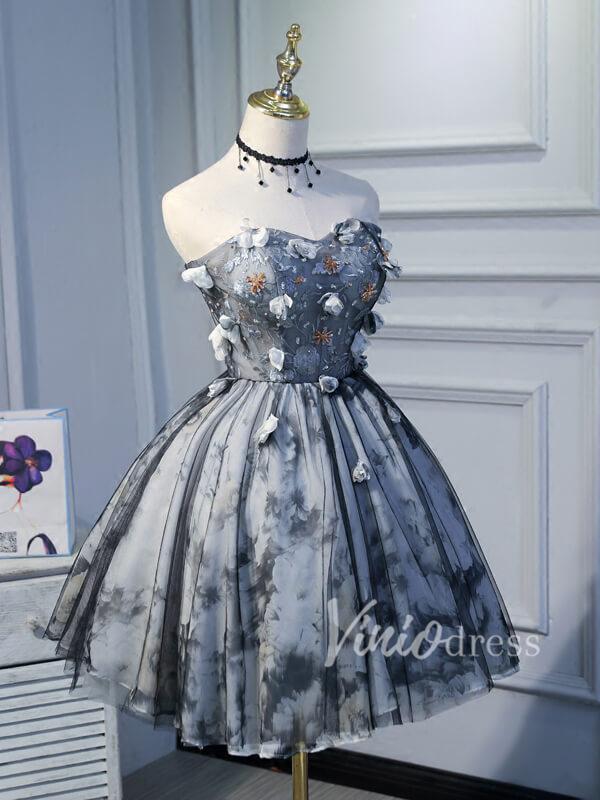 Strapless Grey Floral Homecoming Dresses SD1003-homecoming dresses-Viniodress-Grey-Custom Size-Viniodress