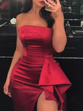 Strapless High Low Red Satin Formal Dress Sexy Sheath Prom Dresses FD1813-prom dresses-Viniodress-Viniodress