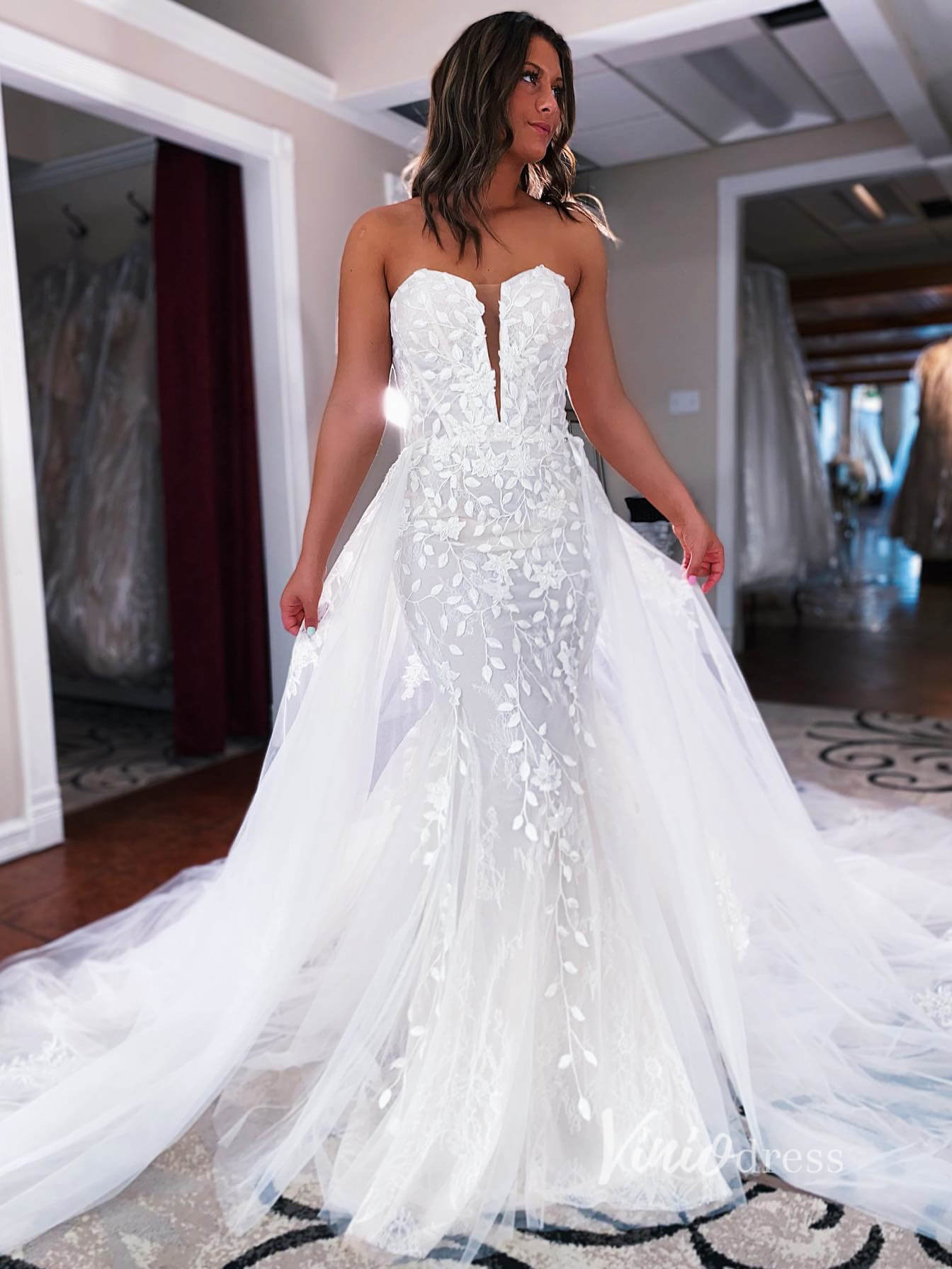 Strapless Lace Mermaid Wedding Dress with Detachable Overskirt VW2150-wedding dresses-Viniodress-Ivory-Custom Size-Viniodress
