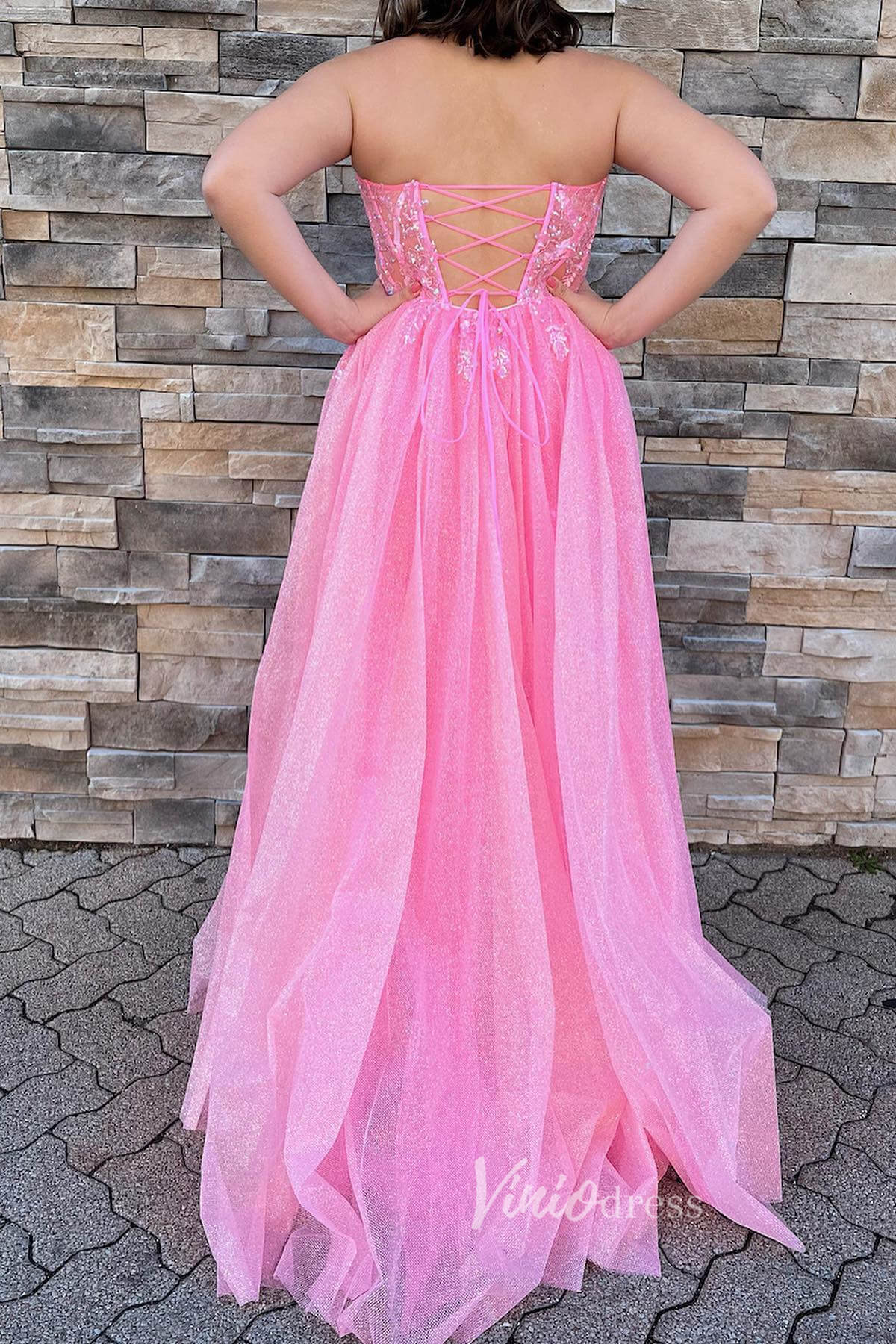 Strapless Pink Prom Dress with Beaded Lace Applique Bodice and Sparkly Tulle Bottom FD3473-prom dresses-Viniodress-Viniodress