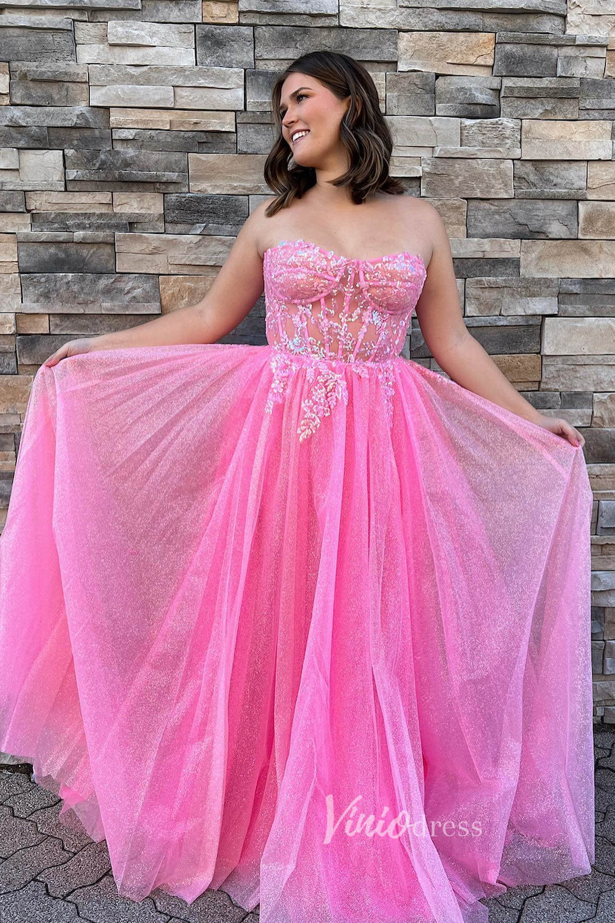 Strapless Pink Prom Dress with Beaded Lace Applique Bodice and Sparkly Tulle Bottom FD3473-prom dresses-Viniodress-Pink-Custom Size-Viniodress
