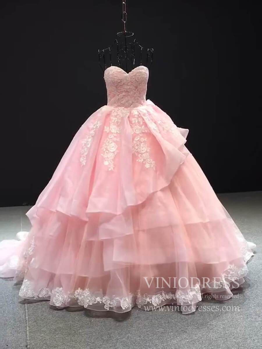 Strapless Pink Quinceanera Dress Sweetheart Layered Ball Gown Prom Dress FD1181 viniodress-prom dresses-Viniodress-Pink-Custom Size-Viniodress