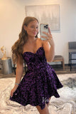 Strapless Purple Sequin Homecoming Dresses Short Graduation Dress with Pockets SD1522