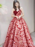 Strapless Red Jacquard Lace Prom Dresses Sequin Bodice Ball Gown FD3409