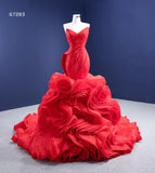 Strapless Red Mermaid Wedding Dresses Ruffled Rosette Pageant Gown 67283 viniodress-prom dresses-Viniodress-Viniodress