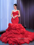 Strapless Red Mermaid Wedding Dresses Ruffled Rosette Pageant Gown 67283 viniodress