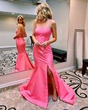 Strapless Satin Sheath Prom Dresses with Slit Lace Up Back Pageant Dress FD1775