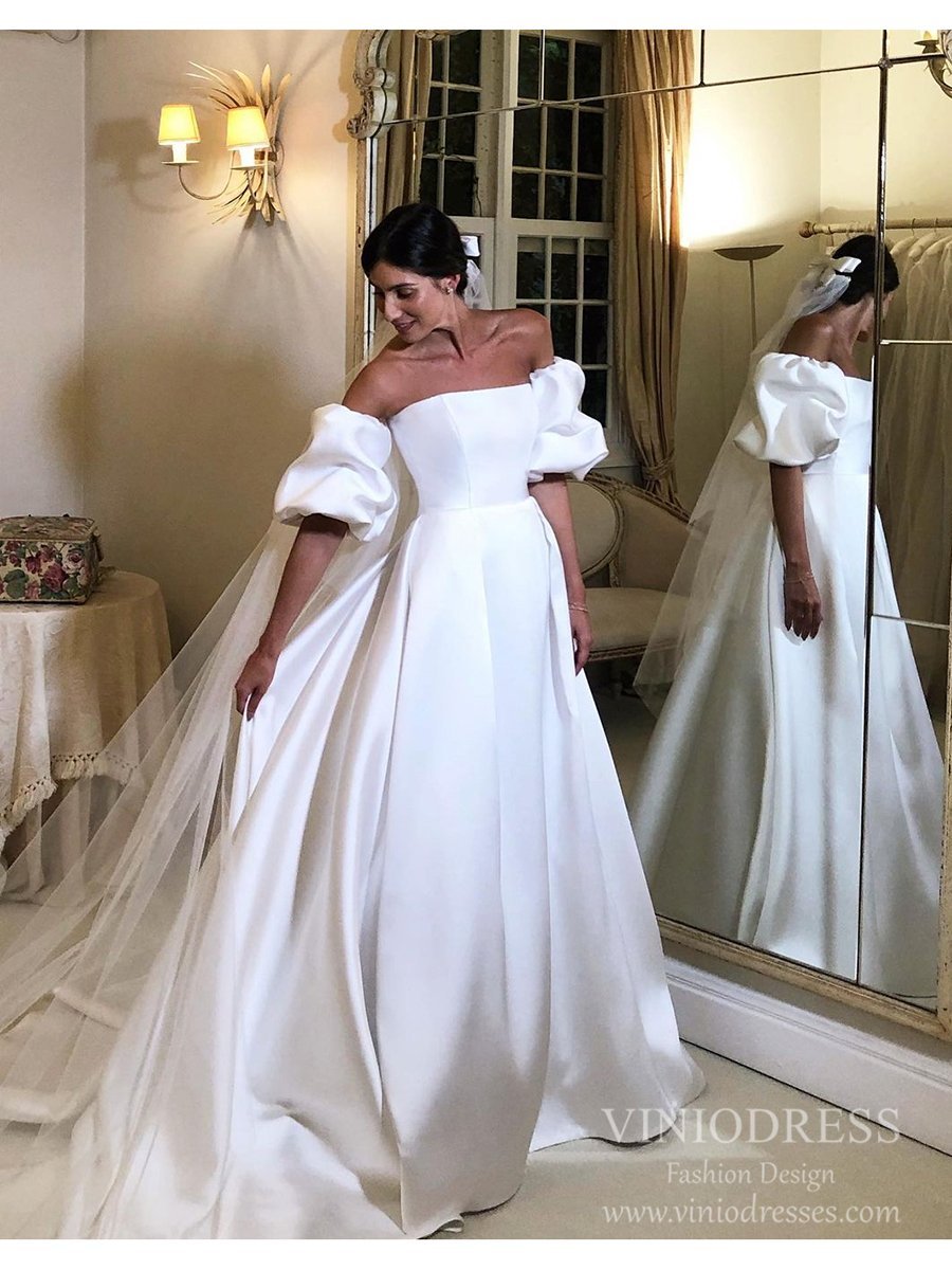 Strapless Satin Wedding Dresses with Removable Balloon Sleeves VW1841-wedding dresses 2025 -Viniodress-Ivory-Custom Size-