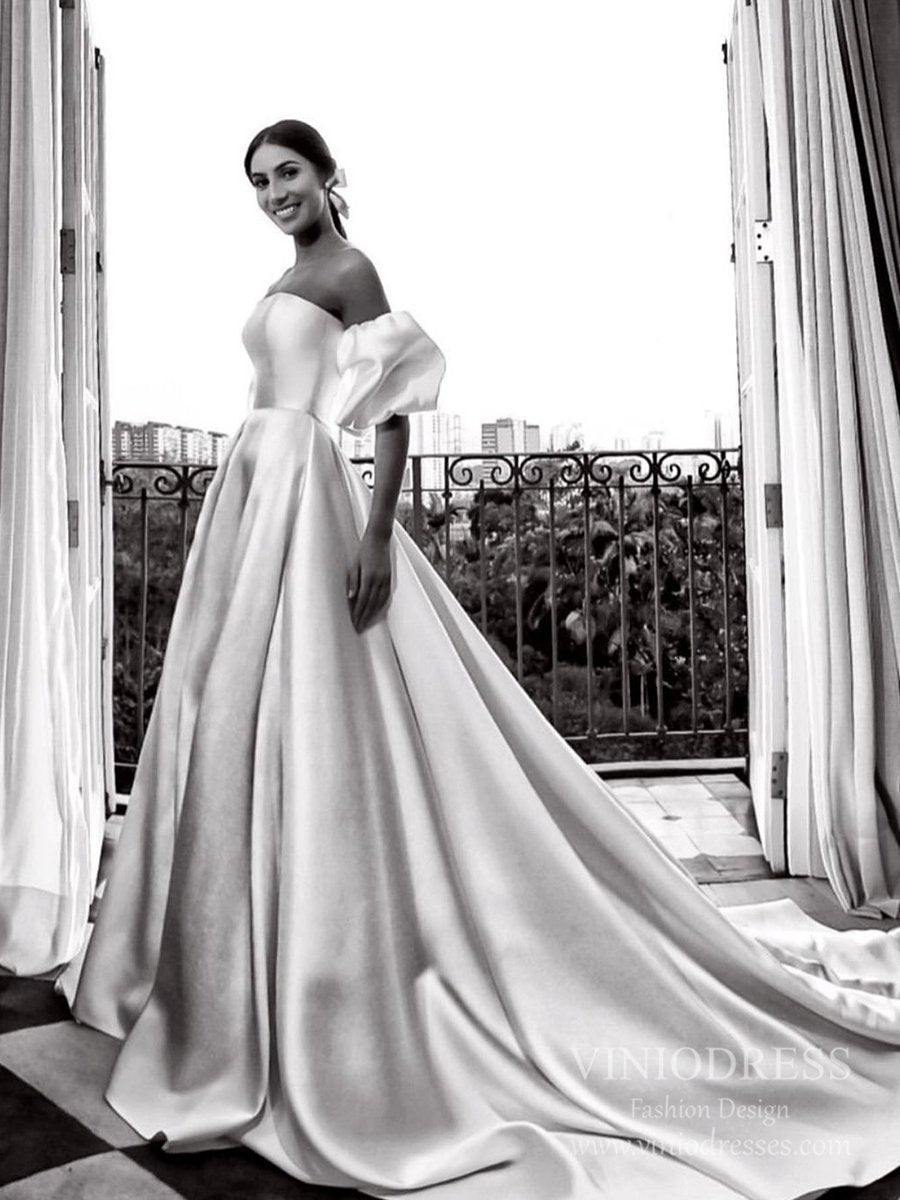 Strapless Satin Wedding Dresses with Removable Balloon Sleeves VW1841-wedding dresses 2025 -Viniodress-Ivory-Custom Size-