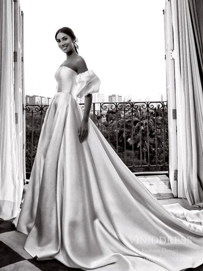 Strapless Satin Wedding Dresses with Removable Balloon Sleeves VW1841-wedding dresses 2025 -Viniodress-Ivory-Custom Size-