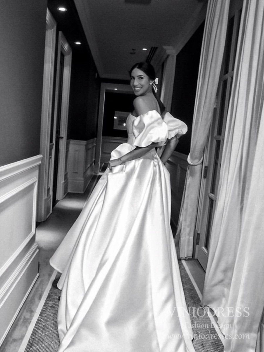 Strapless Satin Wedding Dresses with Removable Balloon Sleeves VW1841-wedding dresses 2025 -Viniodress-Ivory-Custom Size-