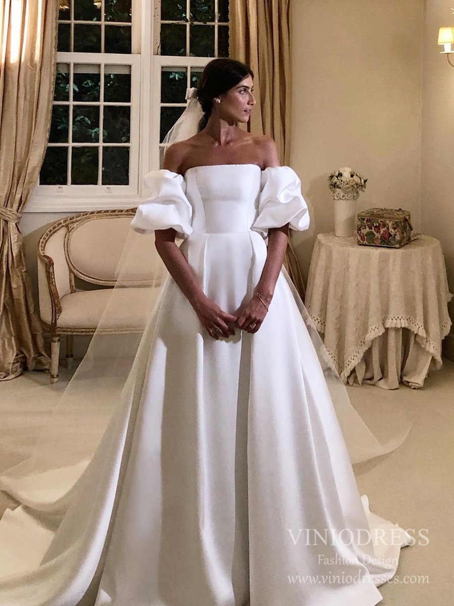 Strapless Satin Wedding Dresses with Removable Balloon Sleeves VW1841-wedding dresses 2025 -Viniodress-Ivory-Custom Size-