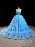 Strapless Sky Blue Sweet 16 Dress Sparkly Tulle Ball Gown Quince Dresses 67091 viniodress