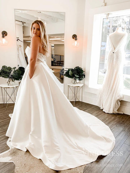 Strapless Sweetheart Satin Wedding Dress | Simple Bridal Gown with Pockets, Lace-Appliquéd Back & Chapel Train VW1844-wedding dresses 2025 -Viniodress-Ivory-Custom Size-