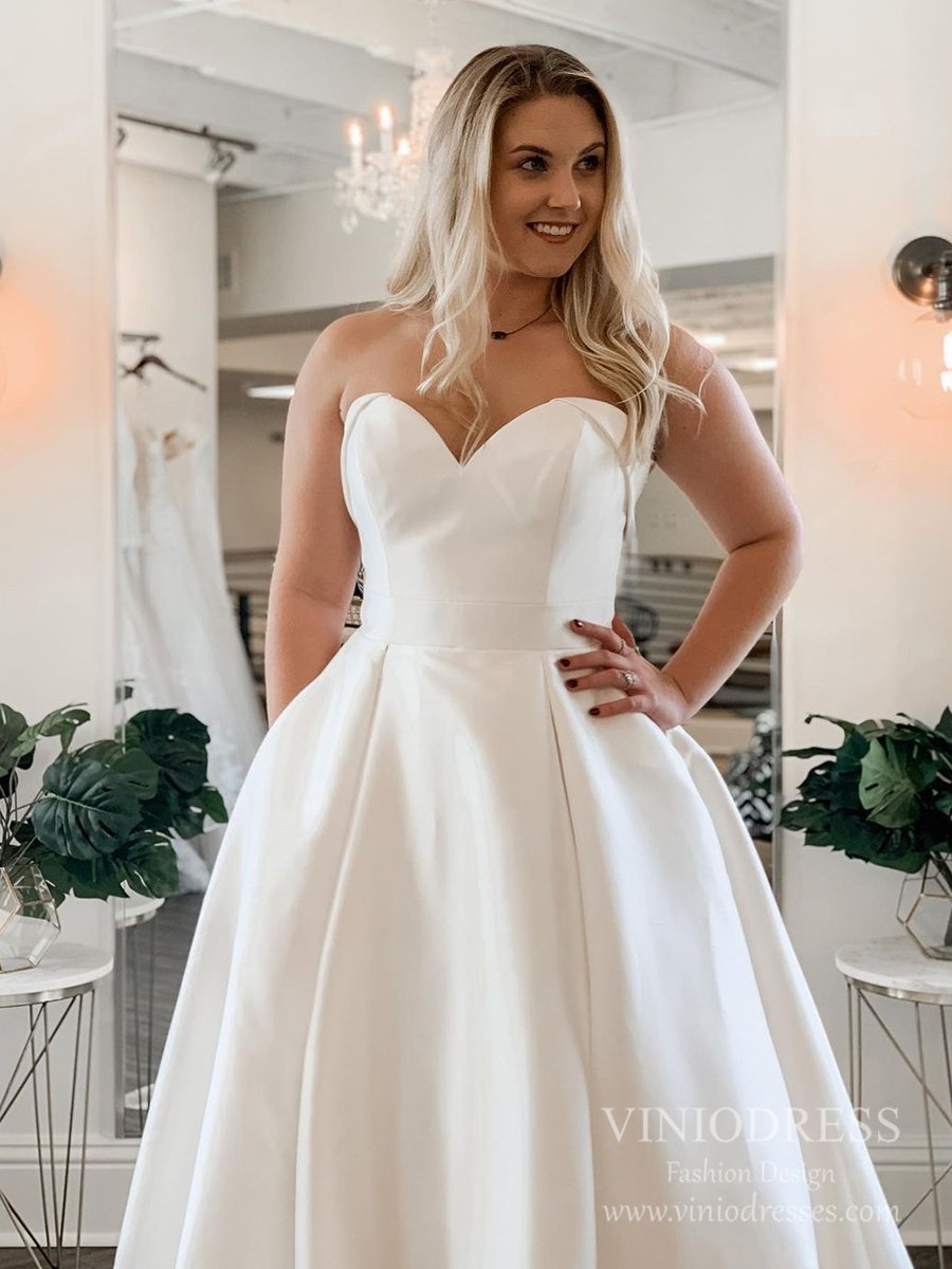 Strapless Sweetheart Satin Wedding Dress | Simple Bridal Gown with Pockets, Lace-Appliquéd Back & Chapel Train VW1844-wedding dresses 2025 -Viniodress-Ivory-Custom Size-