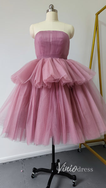 Strapless Tea Length Blush Pink Prom Dresses Layered Tulle Hoco Dress ...
