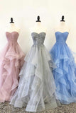 Strapless Tulle Ruffled Long Prom Dresses Lace Bodice Ball Gowns FD2386