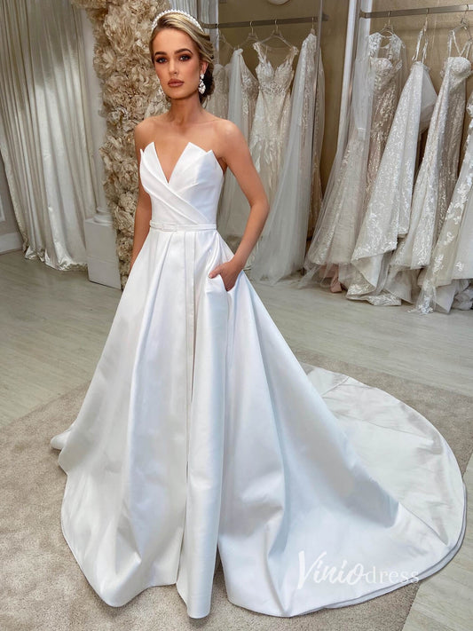 Strapless V-neck Satin Wedding Dresses with Pockets VW2084-wedding dresses 2025 -Viniodress-Ivory-Custom Size-