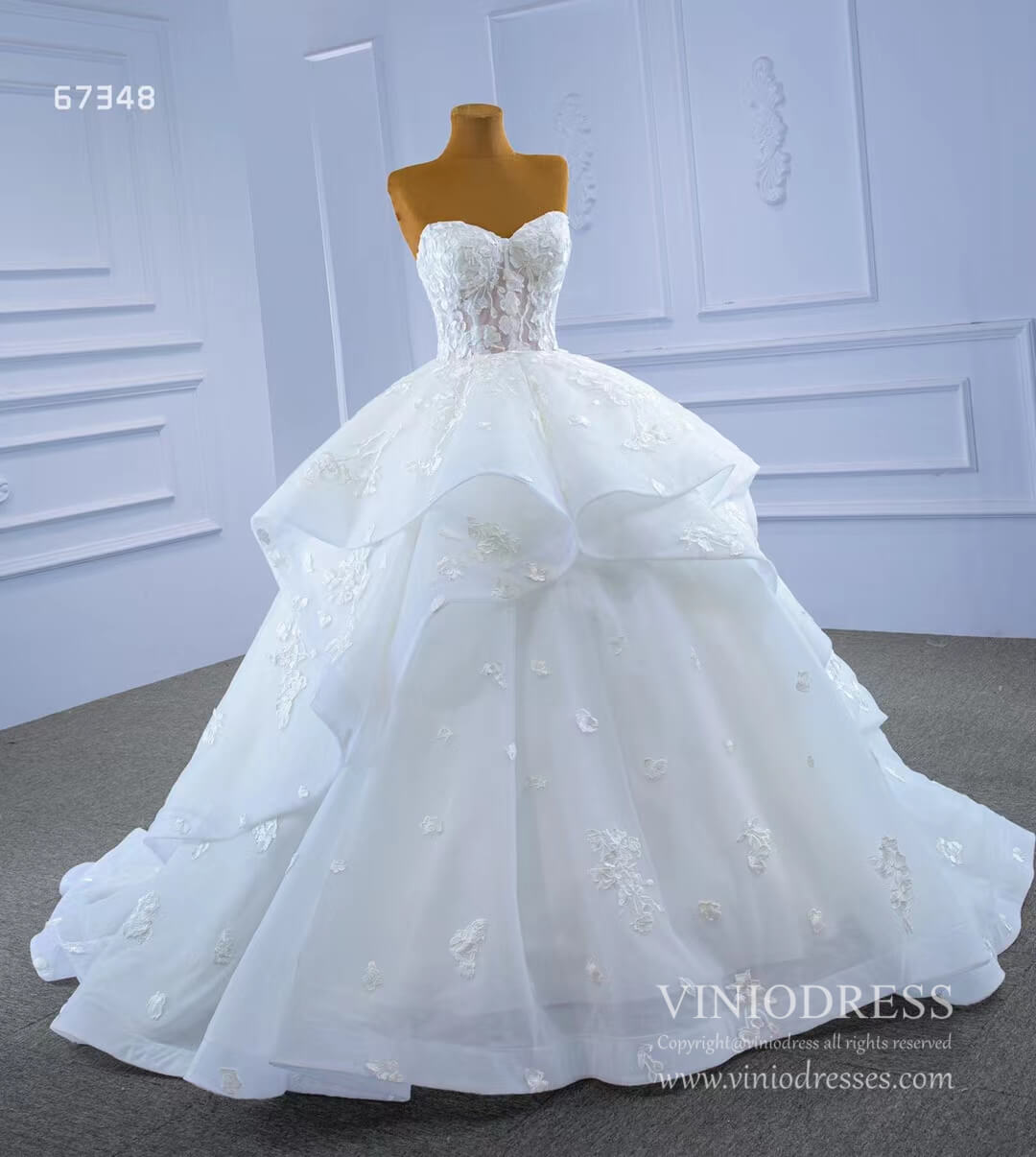 Strapless Wedding Gown Lace Appliqued Tiered Wedding Dresses 67348-wedding dresses-Viniodress-Viniodress