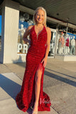 Stunning Mermaid Sequin Prom Dress with Plunging V-Neck and High Slit FD3489