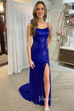 Stunning Mermaid Sequin Prom Dress with Spaghetti Strap and High Slit FD3493
